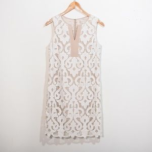 KATHERINE KELLY Sheath Dress Tan with Cream Lace Layer Back Zip Sleeveless 2